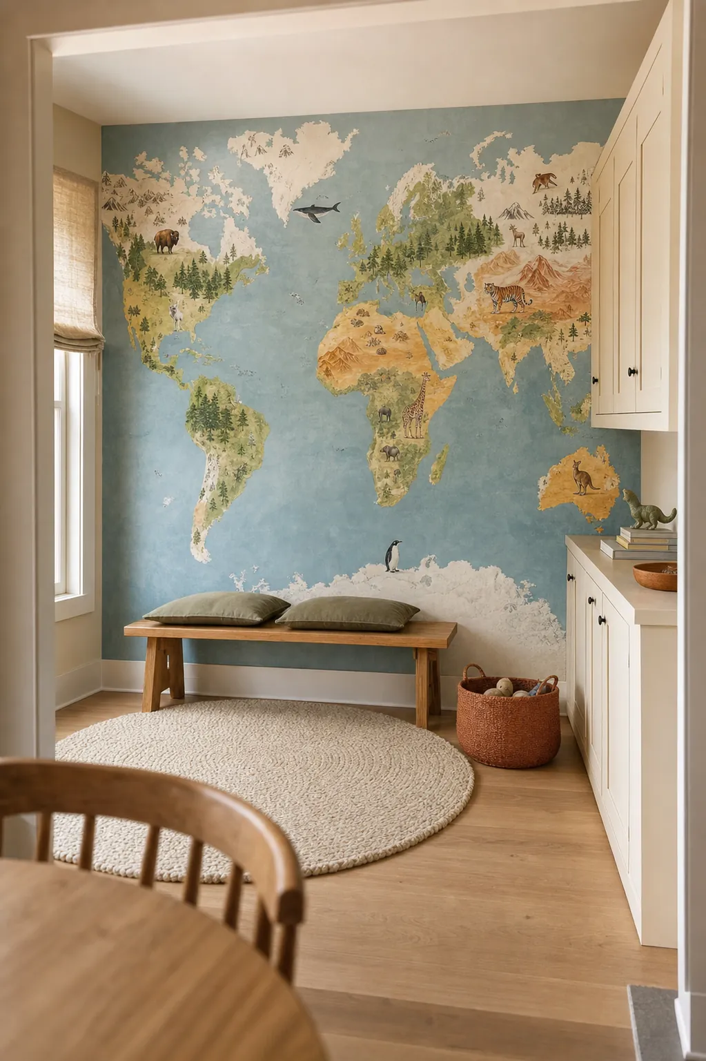 Beautiful illustrated map mural with a calm coordinated playroom palette