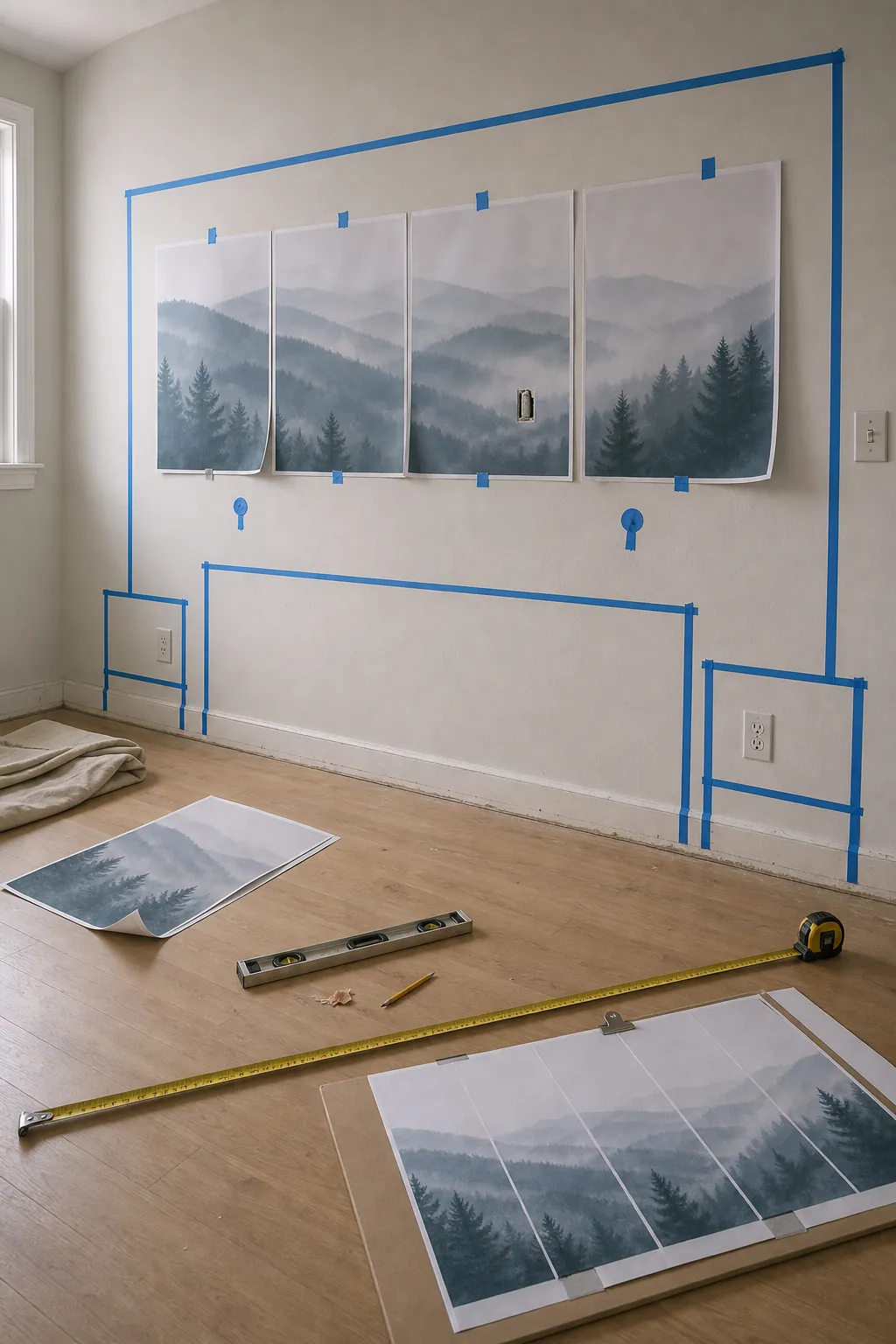 Bedroom feature wall mural planning with low bed outline outlet locations and mountain crop preview