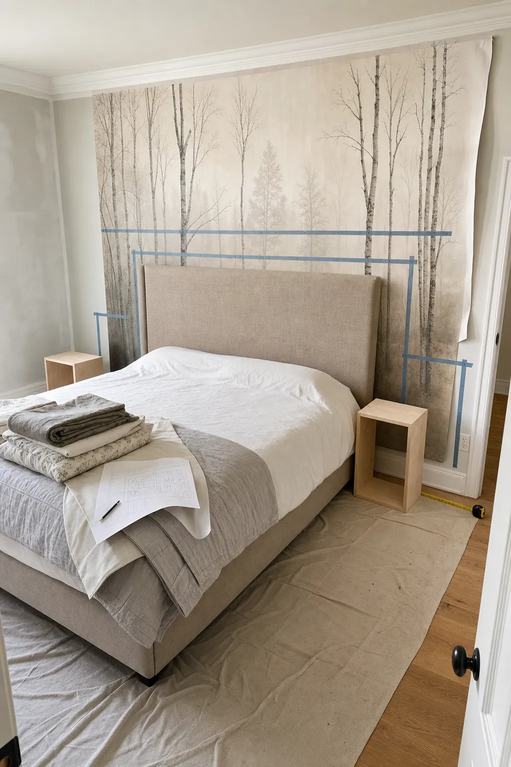 Bedroom mural crop planned around a linen headboard and bedside furniture