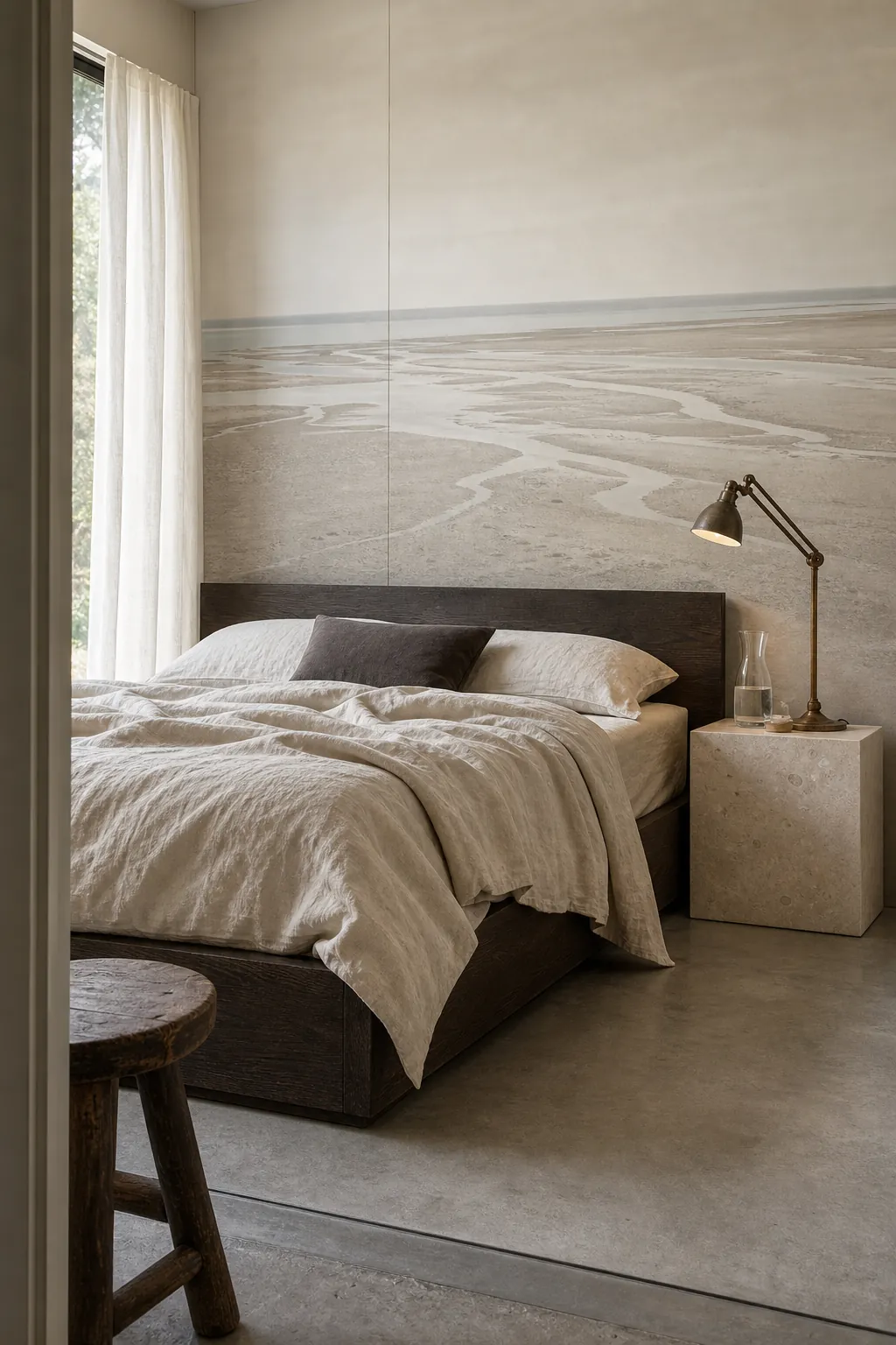 Beige bedroom mural balanced with oak stone and dark bronze details