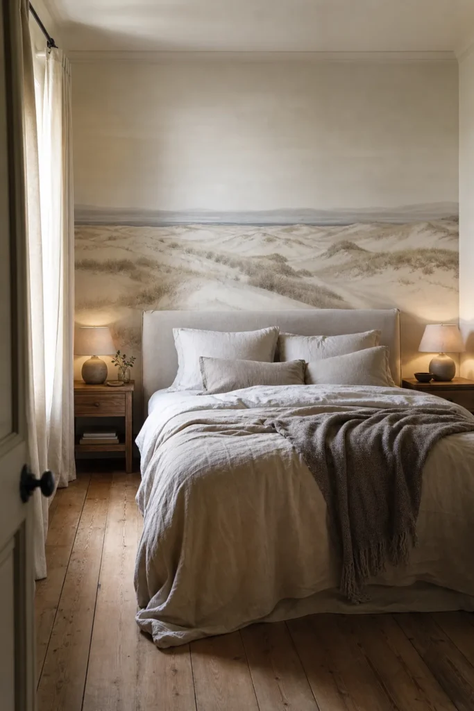 Serene beige landscape mural bedroom with layered linen bedding