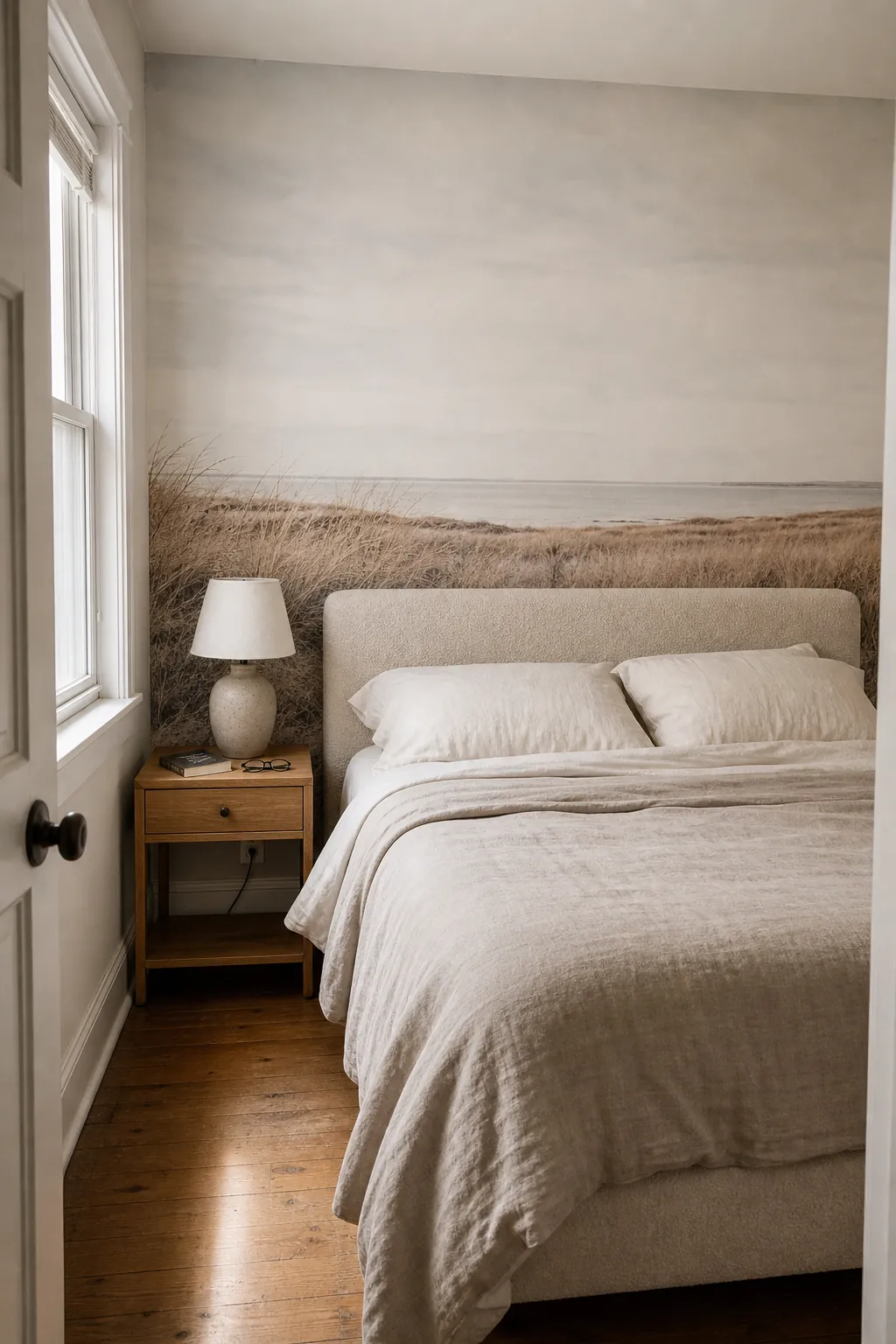 Beige landscape mural with an open horizon behind a linen bed