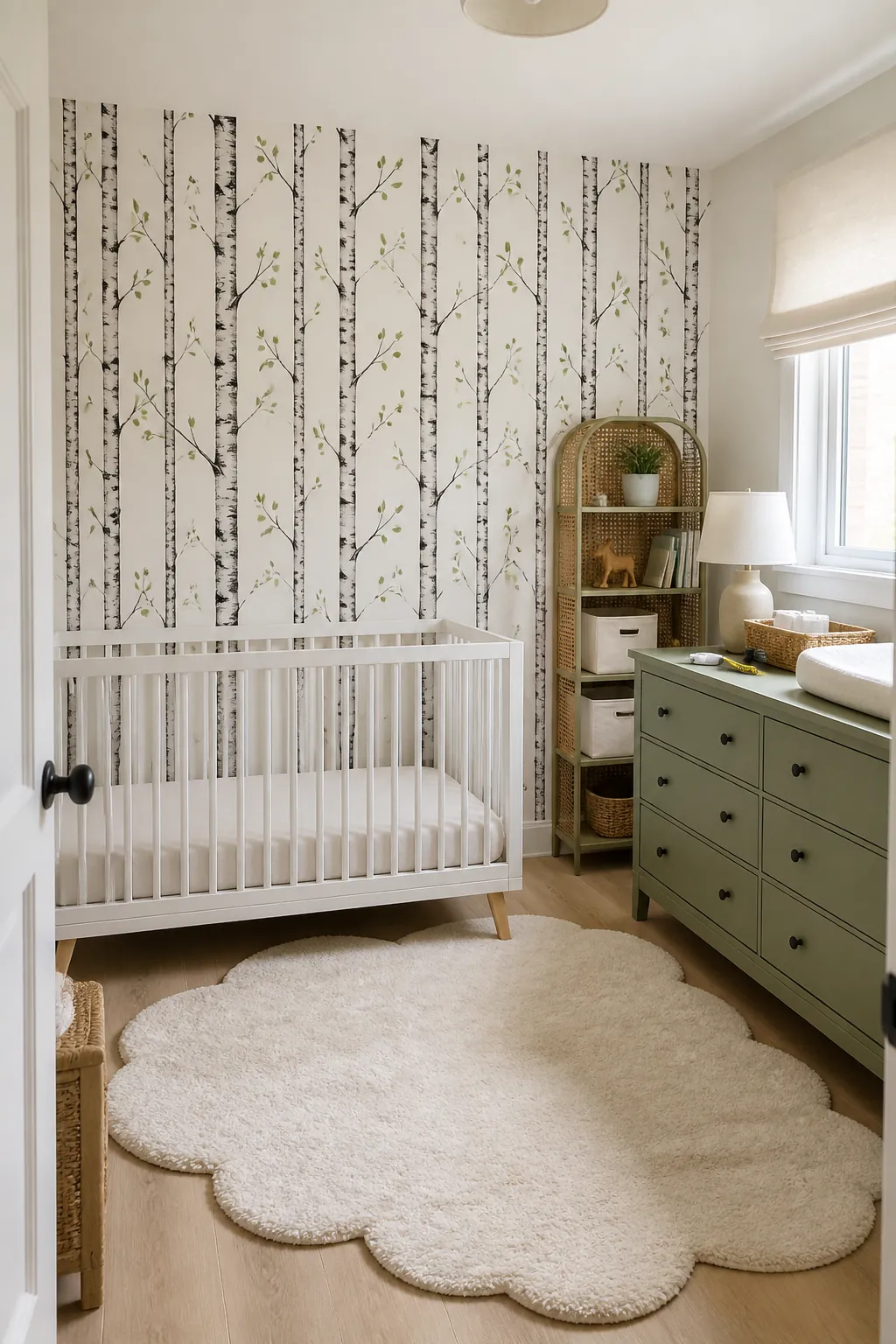 Woodland forest nursery with birch tree wallpaper accent wall