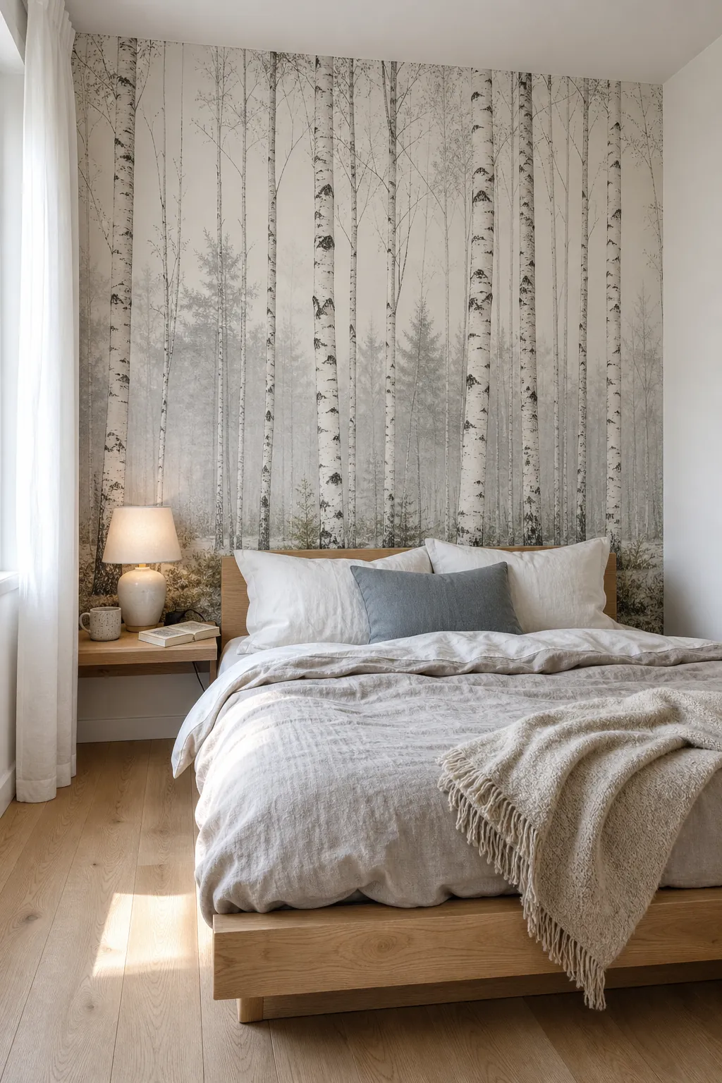 Bright Scandinavian bedroom with a white birch tree wallpaper mural used as a calm headboard feature wall.