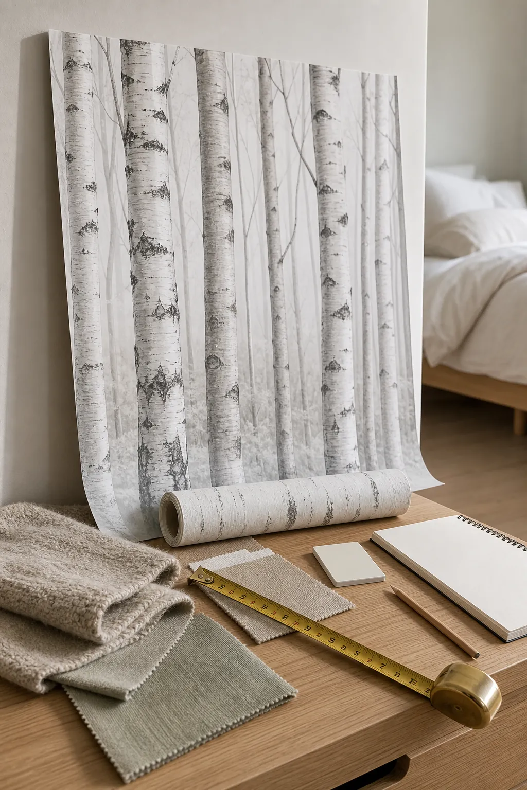 Birch tree wallpaper mural sample with Scandinavian bedroom materials for checking scale, undertone, and texture.