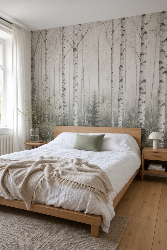 Bright Scandinavian bedroom with a white birch forest wallpaper mural behind a calm linen bed.