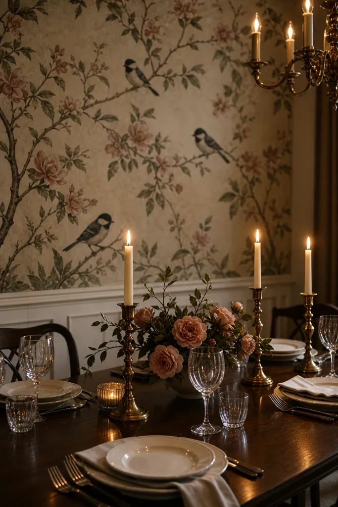 Bird and floral mural wallpaper in a dining room styled with candlelight and muted rose accents
