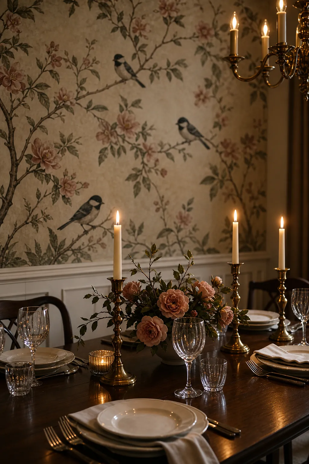 Bird and floral mural wallpaper in a dining room styled with candlelight and muted rose accents