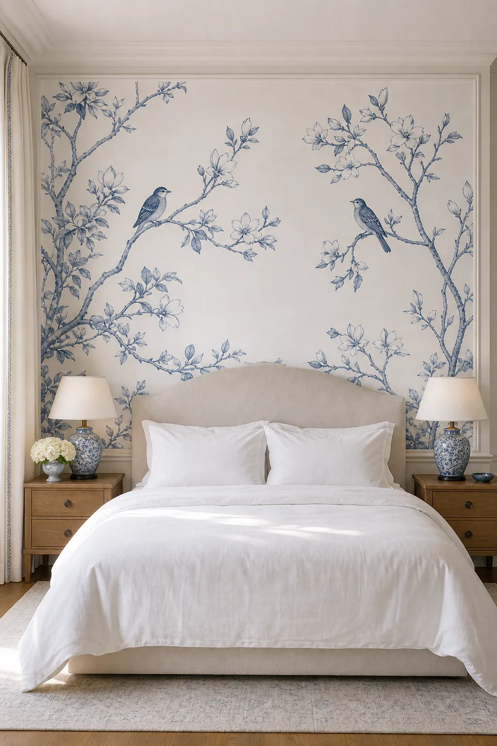 Bird wallpaper mural in a blue and white bedroom with branches placed above the headboard