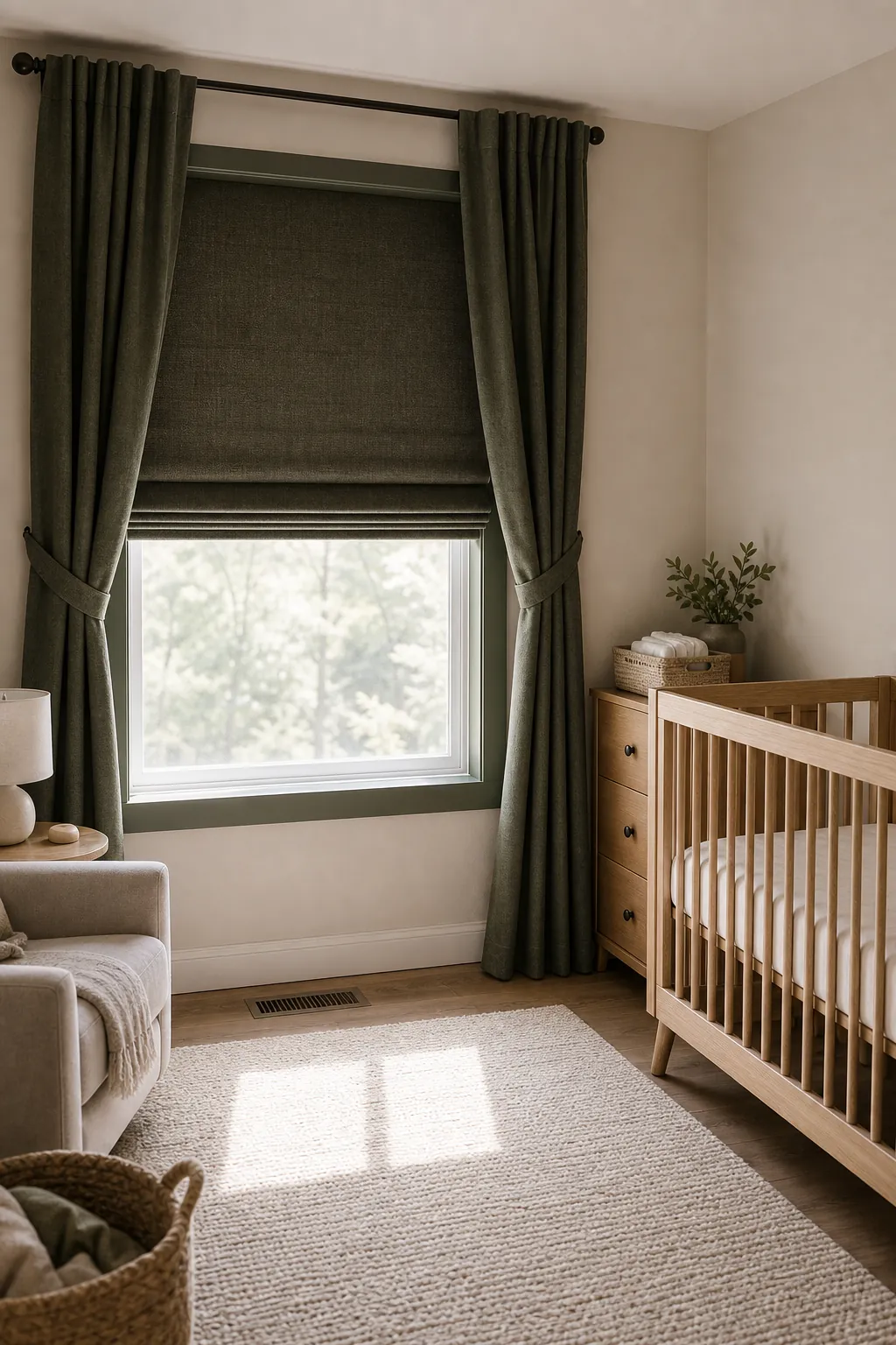 Woodland nursery with cordless blackout curtains in a forest green palette
