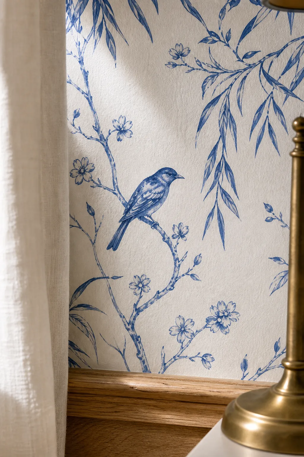 Close-up of blue Chinoiserie wallpaper with matte texture, bird detail, and warm white ground