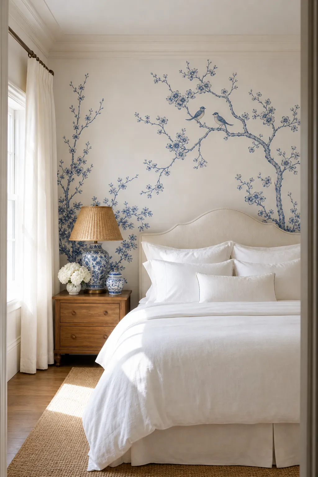 Blue and white Chinoiserie mural behind a classic bedroom with porcelain branches and white bedding
