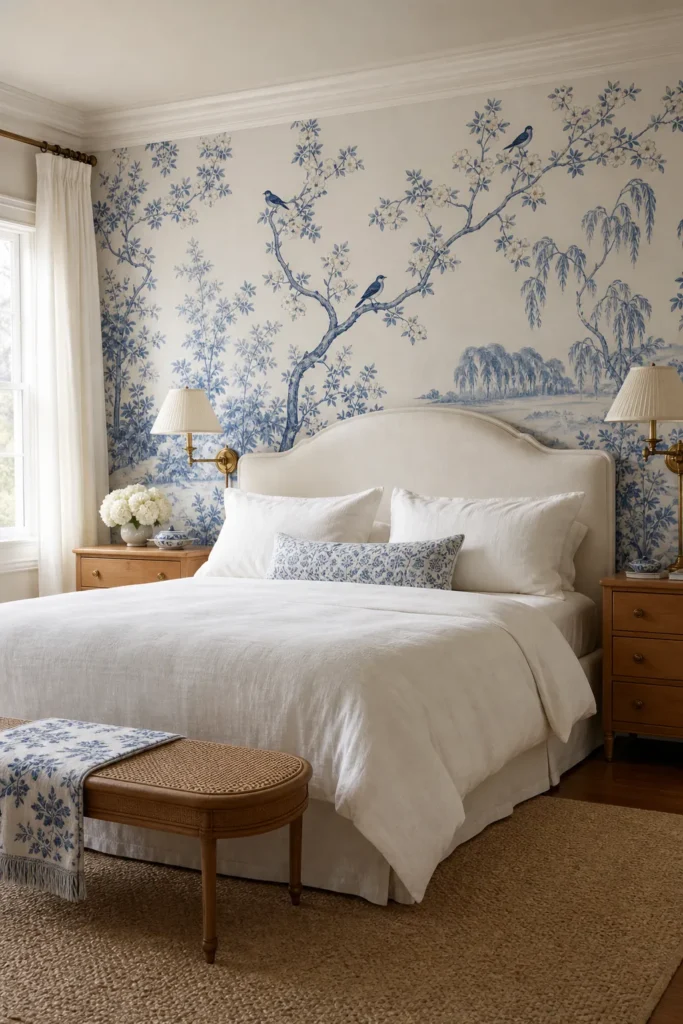 Blue and white Chinoiserie mural in a fresh classic bedroom with white bedding and warm wood