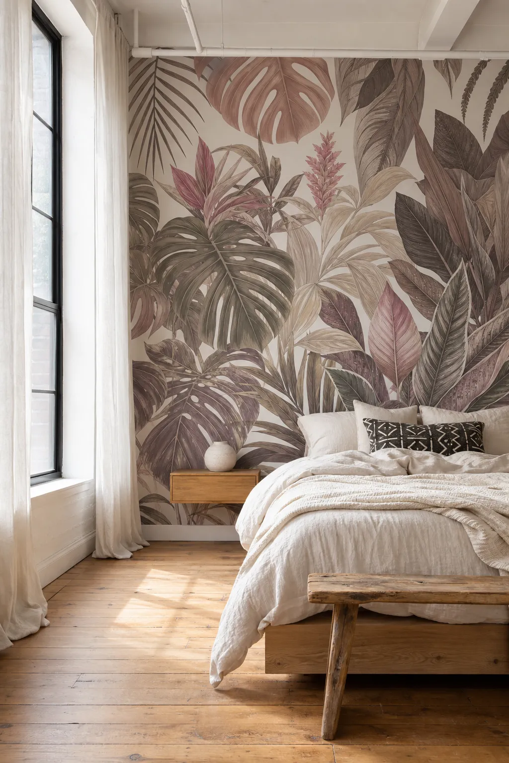 Soft bedroom with blush botanical wallpaper and layered neutral textiles