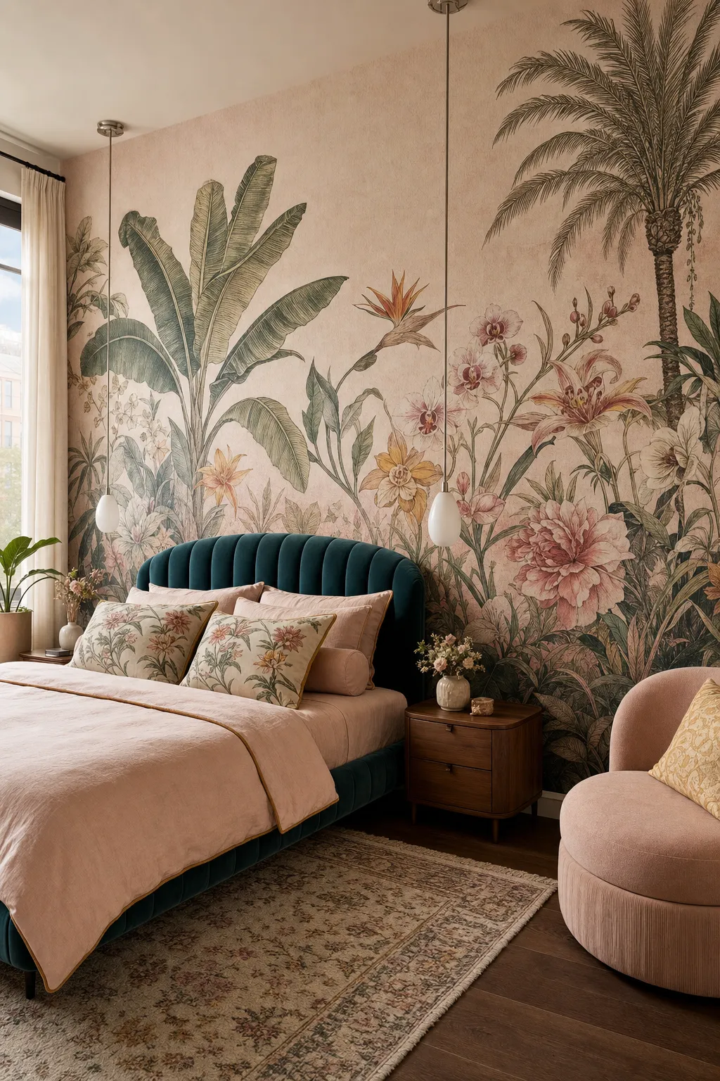 Bedroom decorated with blush and teal tropical botanical wallpaper