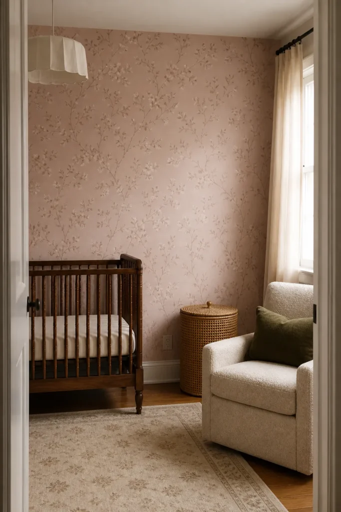 Blush pink wallpaper nursery with warm wood and cream textures