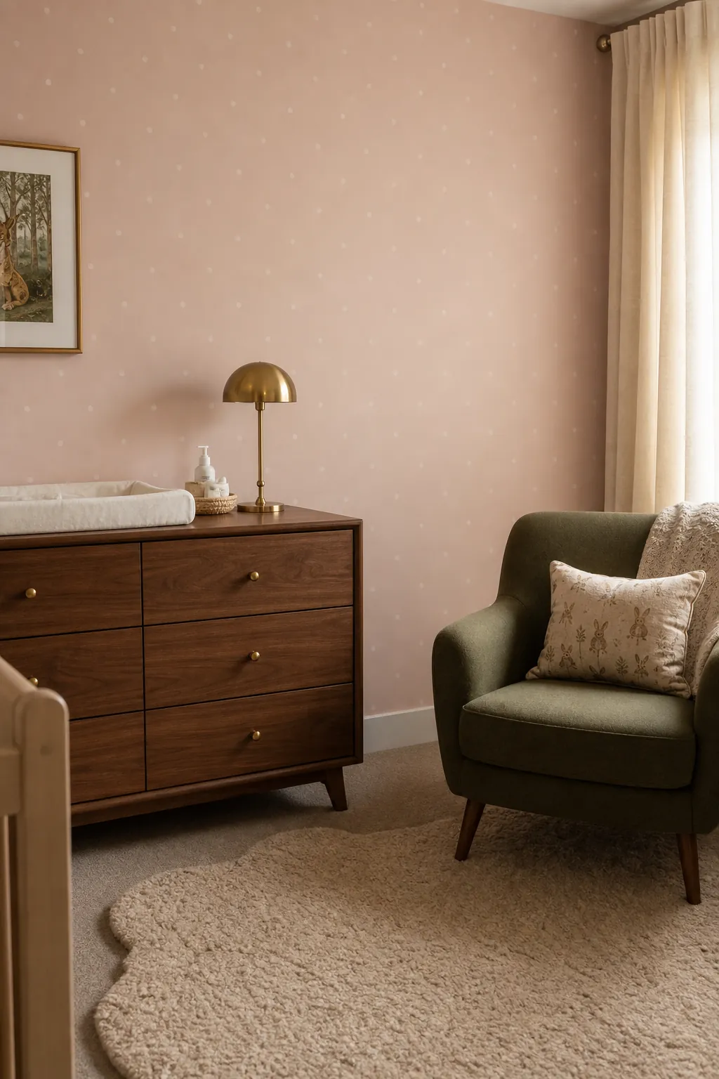Blush pink wallpaper nursery grounded with walnut olive and cream