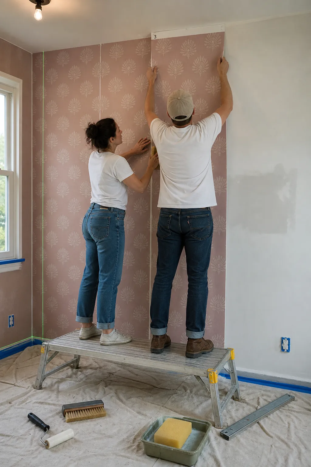 Blush pink nursery wallpaper panels being aligned during installation