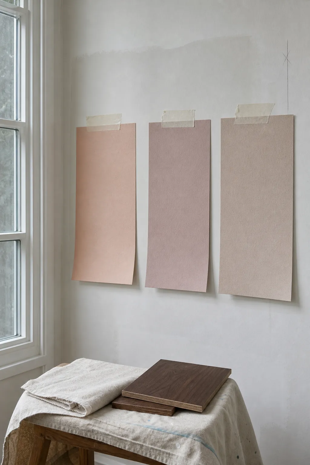Blush pink nursery wallpaper samples tested in natural window light
