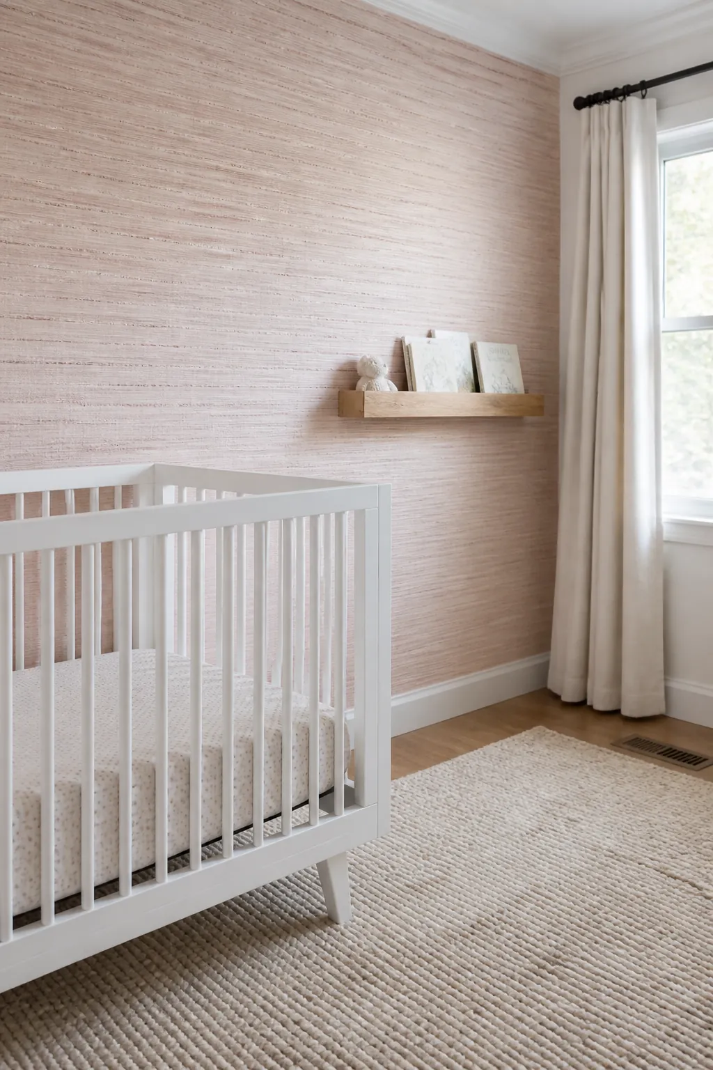 Subtle blush wallpaper with tonal texture in a calm nursery