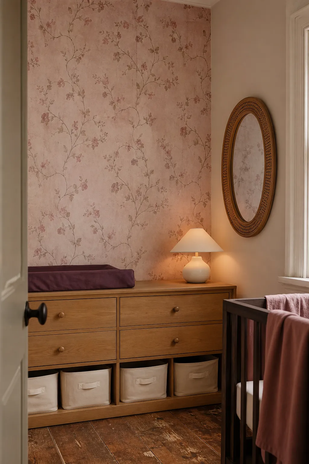 Vintage blush pink nursery wallpaper balanced with simple modern furniture
