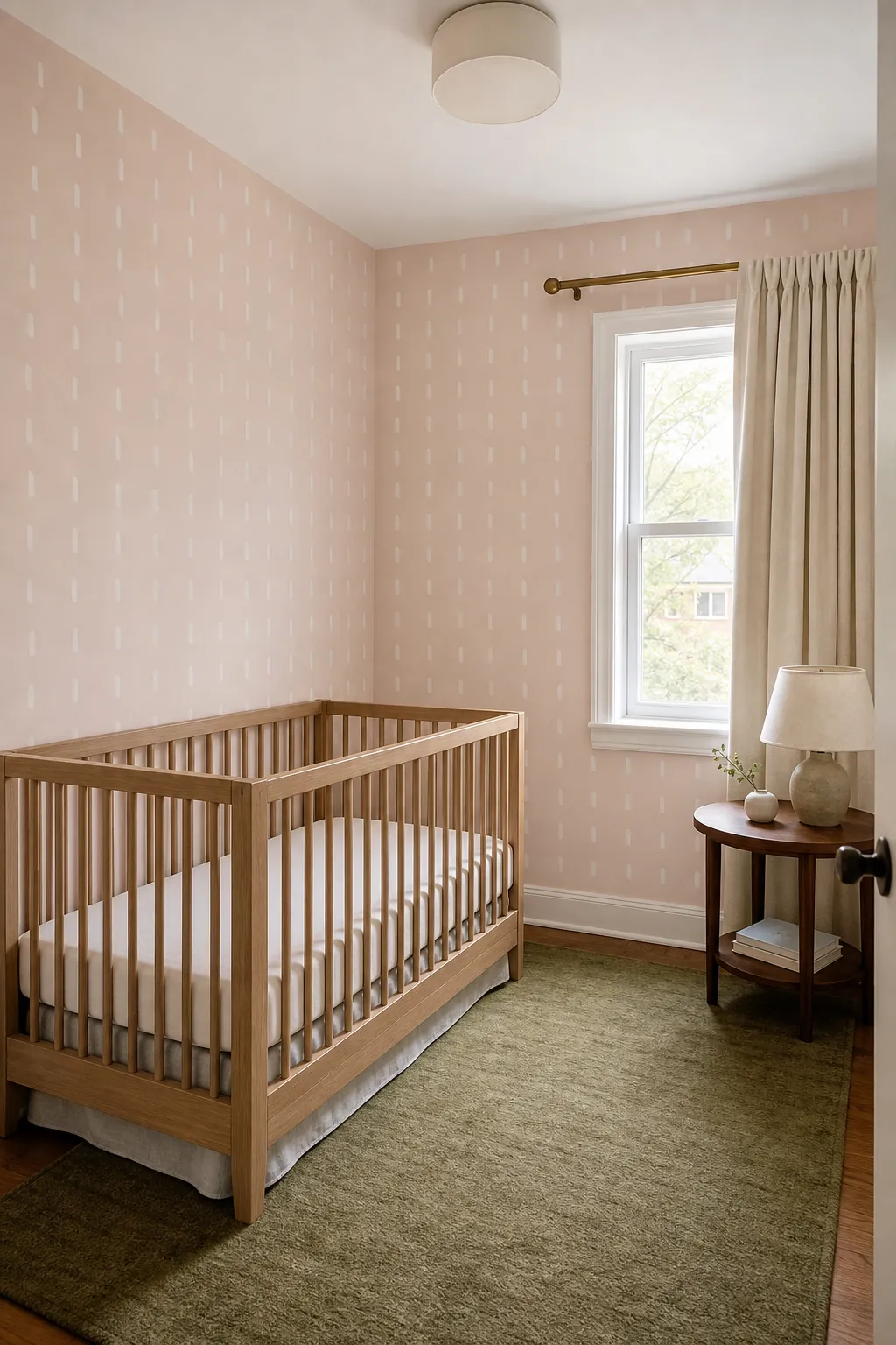 Pale blush wallpaper wrapping a bright nursery with balanced furniture