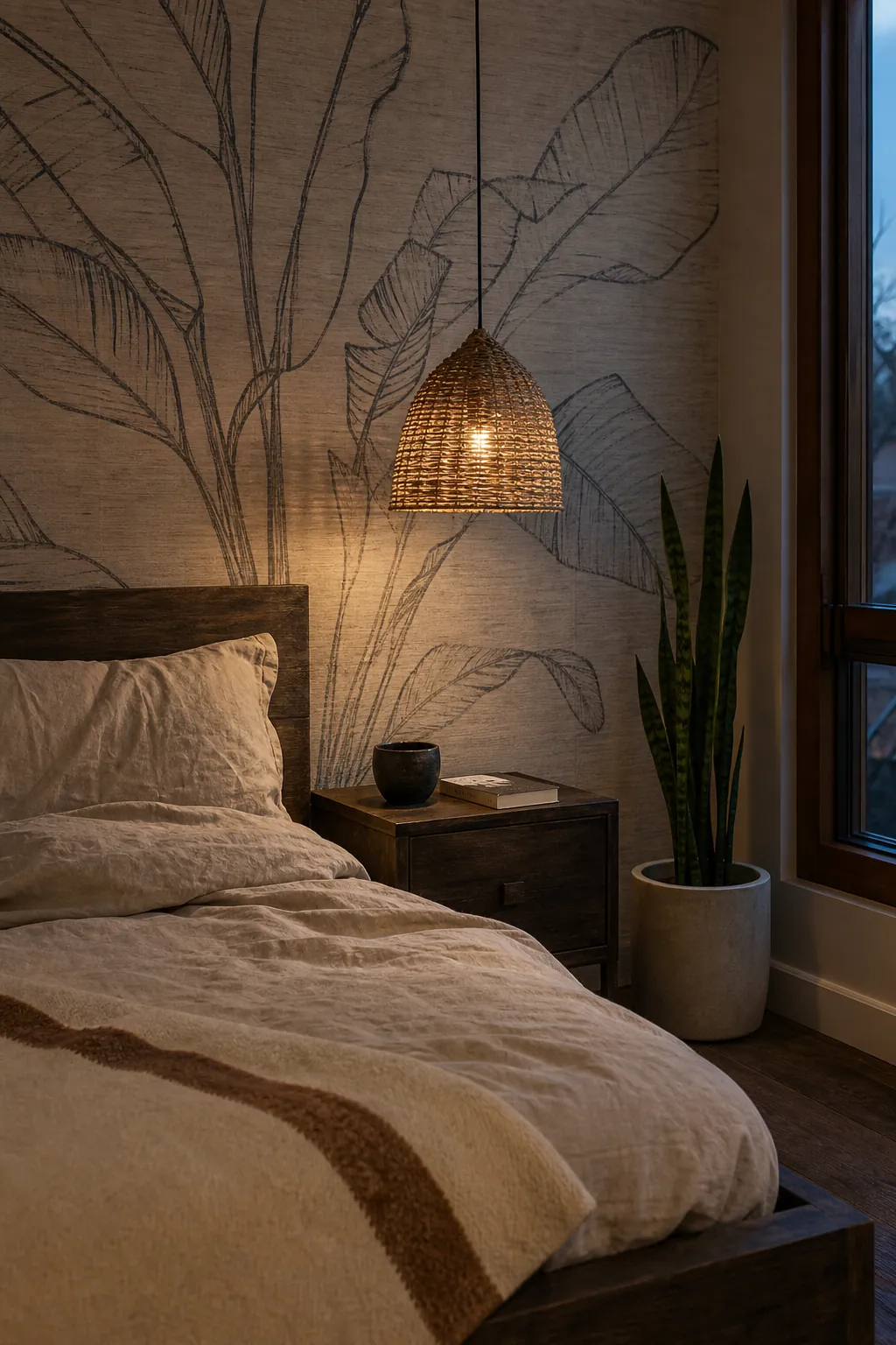 Restrained boho bedroom mural styling with linen bedding, one rattan pendant, timber, and woven texture