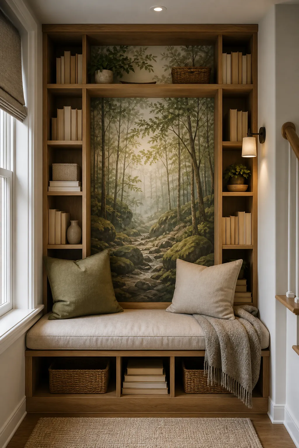 Built-in bookshelf reading nook with a soft mossy woodland mural behind the bench and shelves.