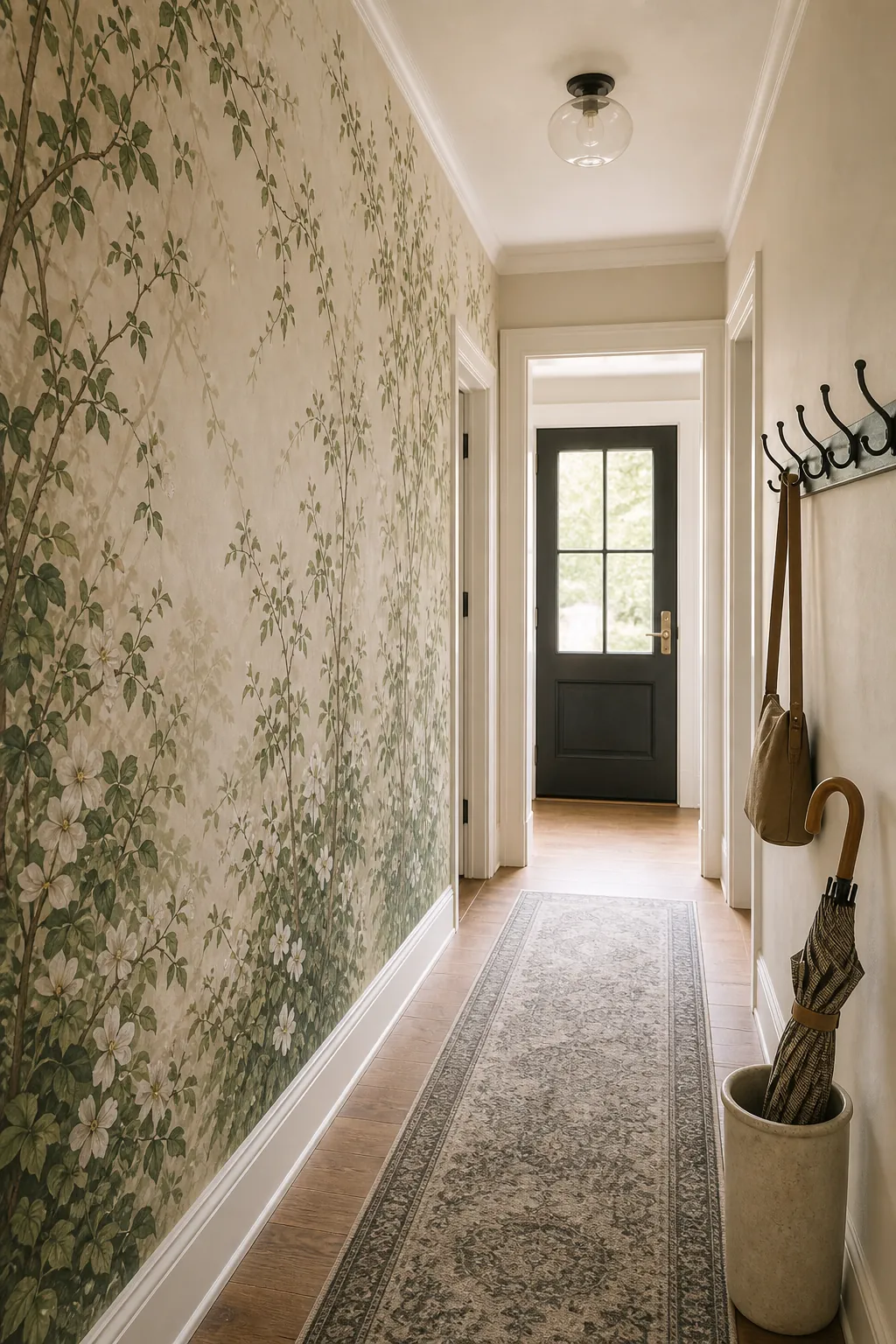 Botanical entryway wallpaper in a narrow hall with open green mural spacing