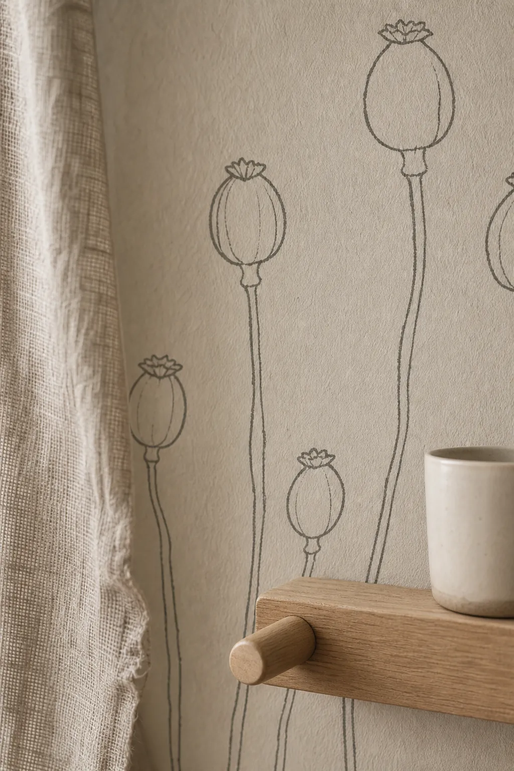 Close-up of botanical line art mural with matte texture and warm neutral paper surface
