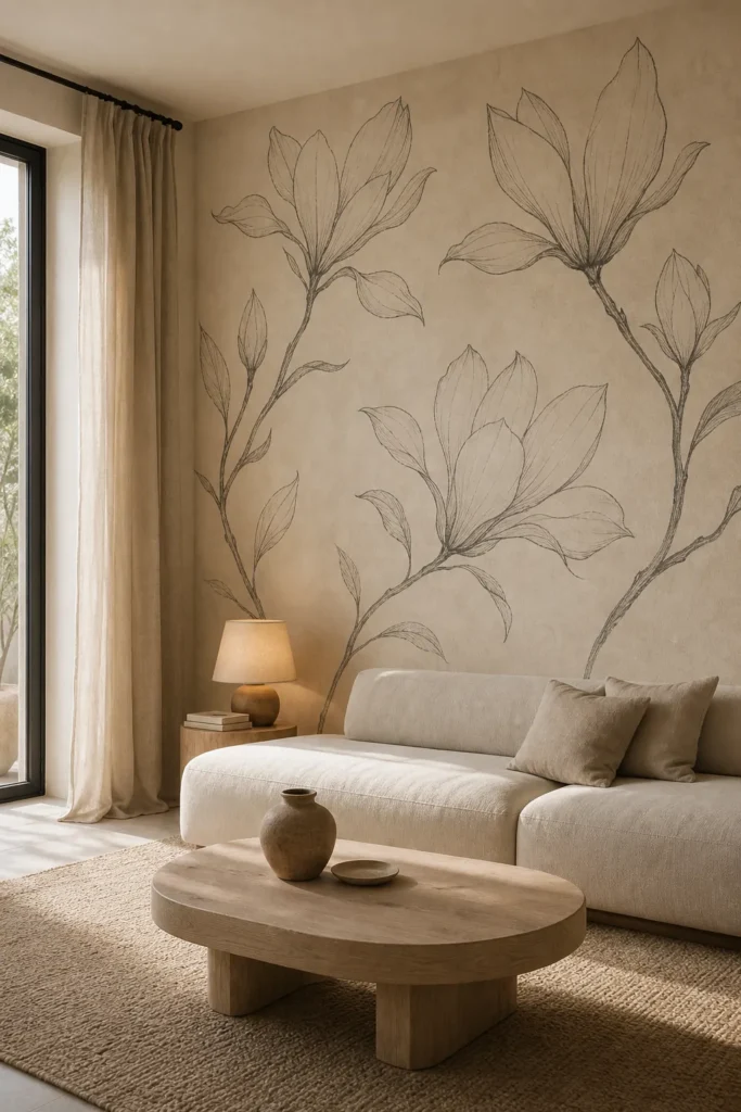 Botanical line art mural warming a minimal home with oak, linen, and soft neutral color
