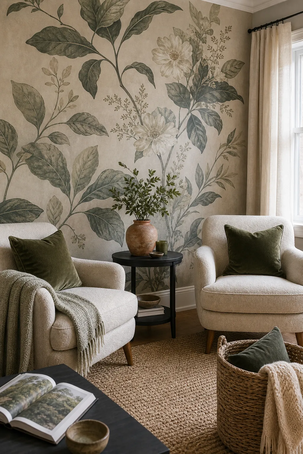 Botanical mural room using color echoes in textiles and decor without overmatching