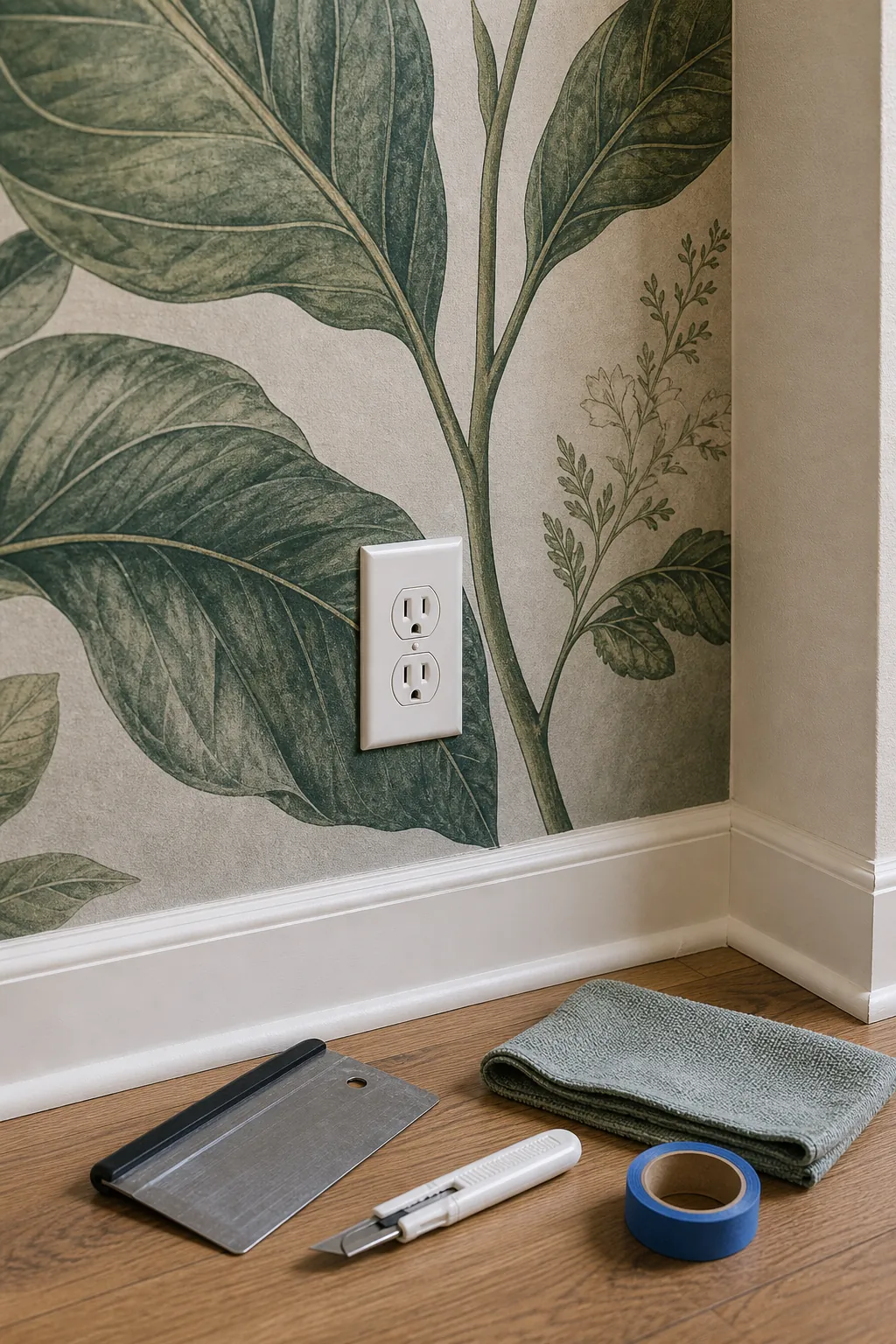 Close detail of botanical mural wallpaper panels aligned around a corner and outlet