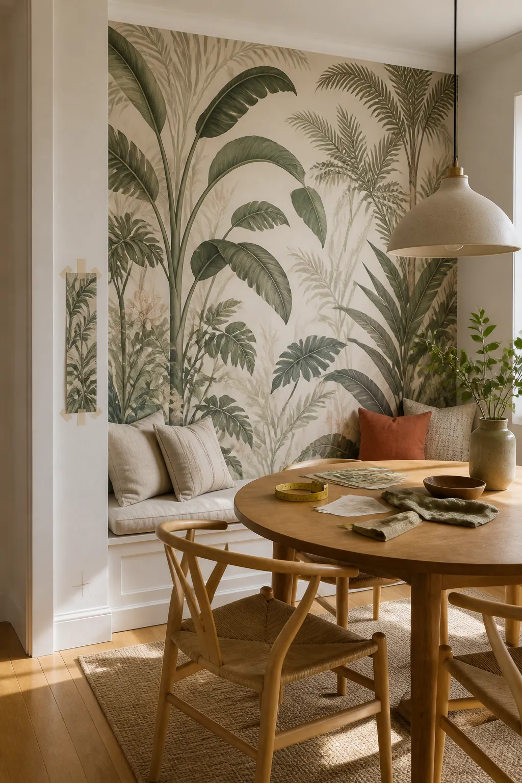 Oversized botanical mural scale balanced with furniture height and viewing distance
