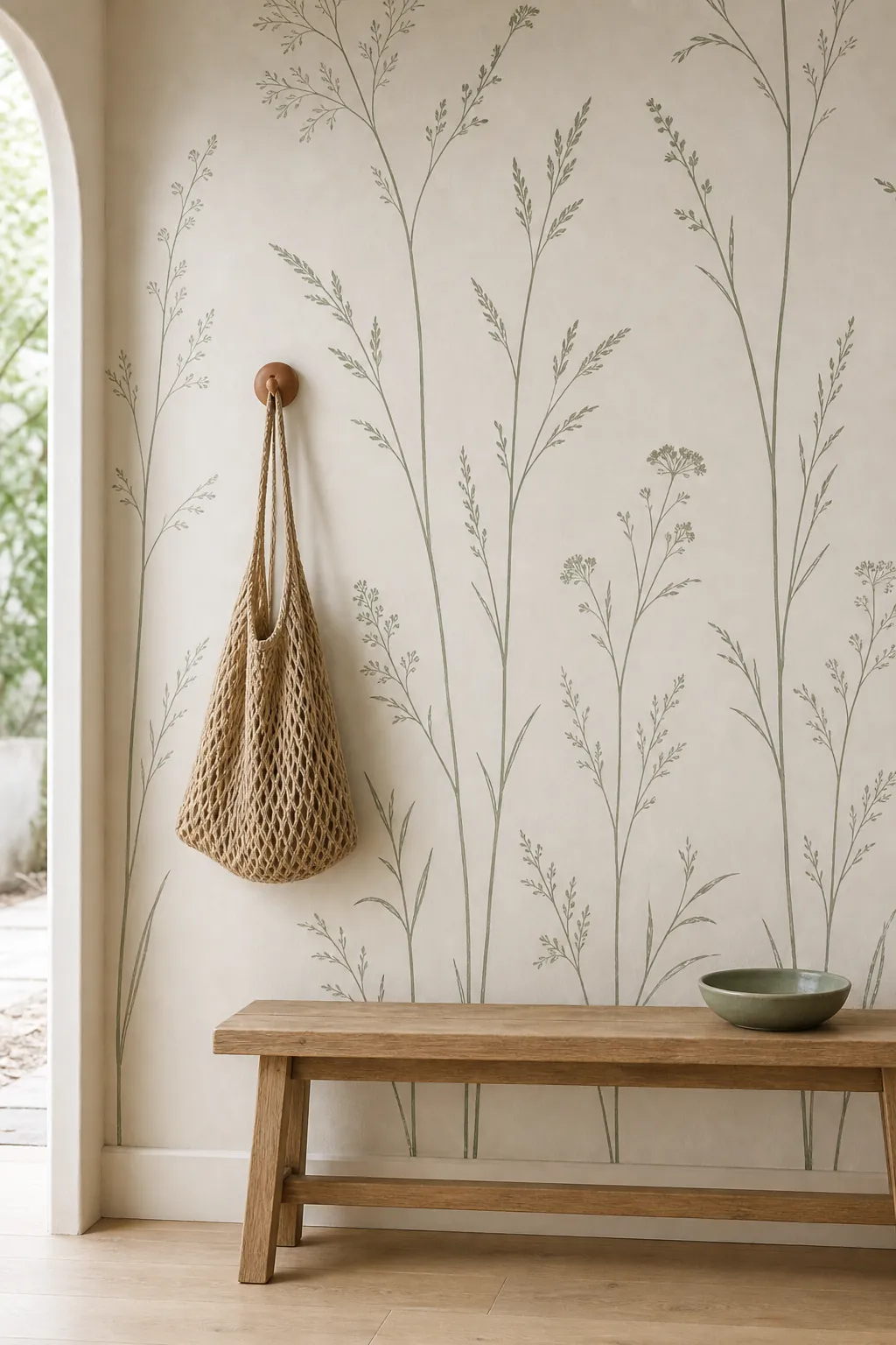 Botanical outline wallpaper in a minimal entryway with sage line work and clay accents