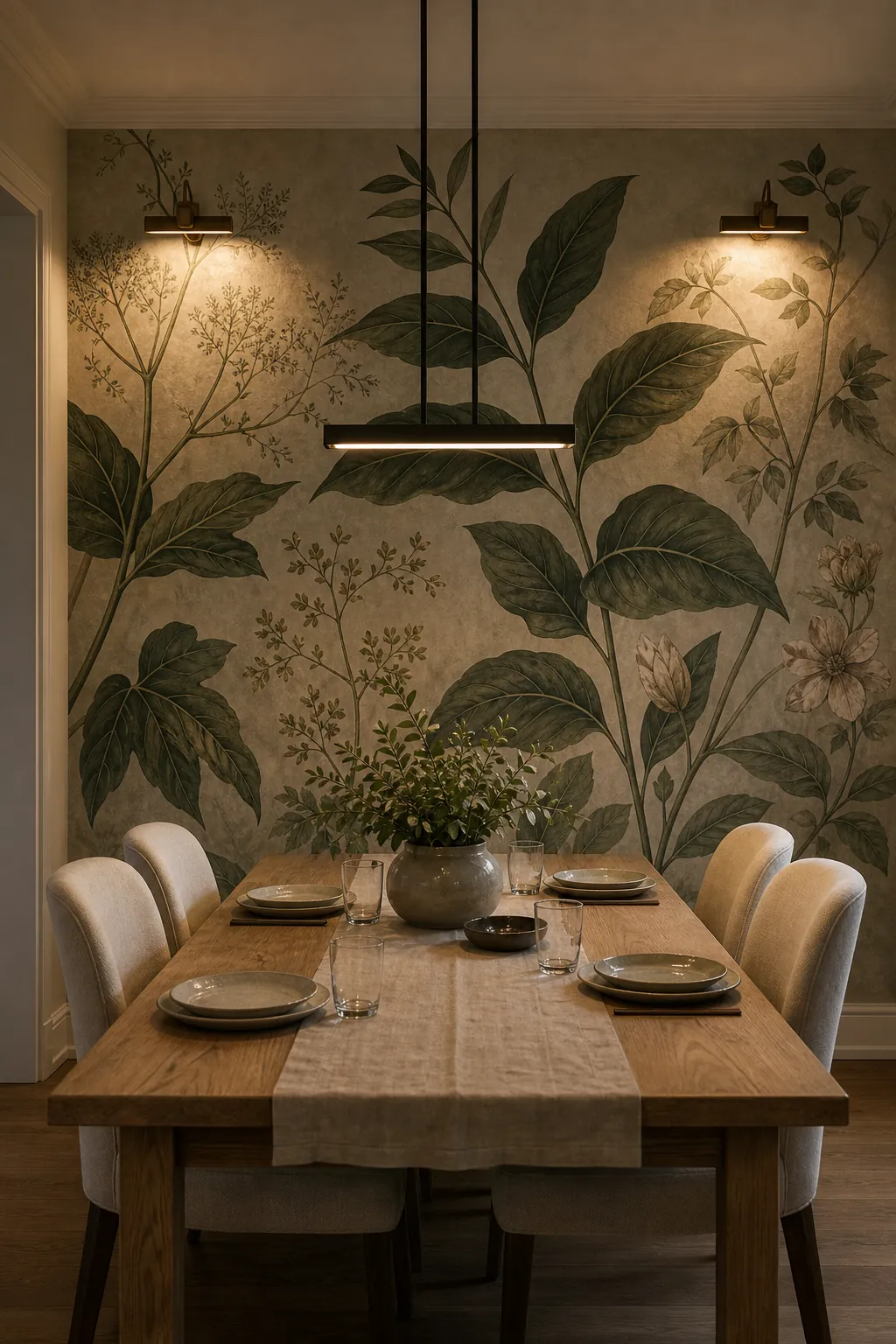 Botanical wallpaper mural dining room with lighting that makes the hero wall intentional