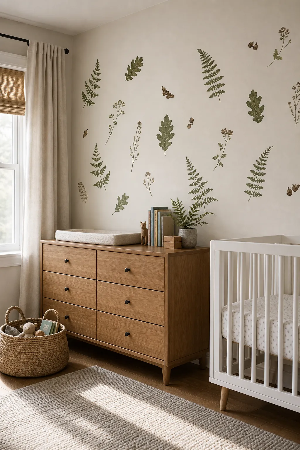 Nursery ideas woodland with botanical decals around a dresser and crib area