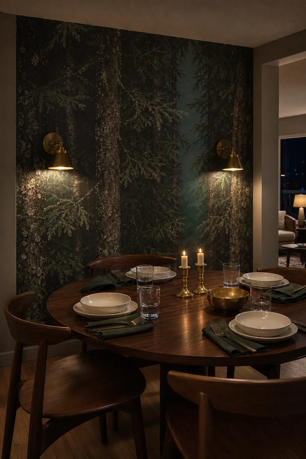 Brass sconces and candlesticks warming a deep green forest mural in a dining room