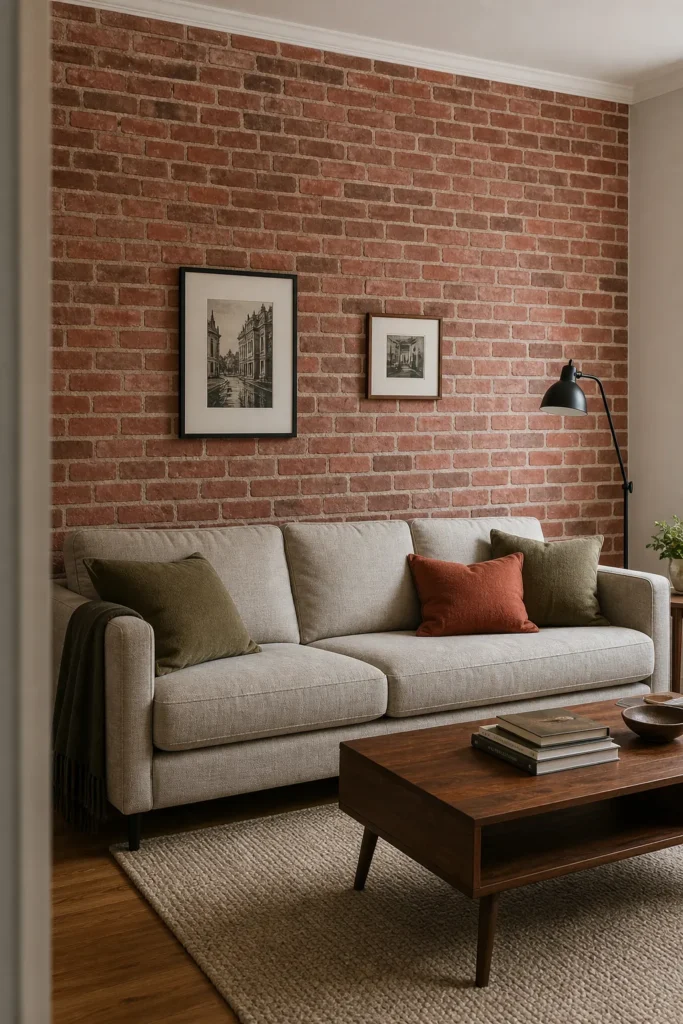 Realistic brick wallpaper living room with warm modern furnishings