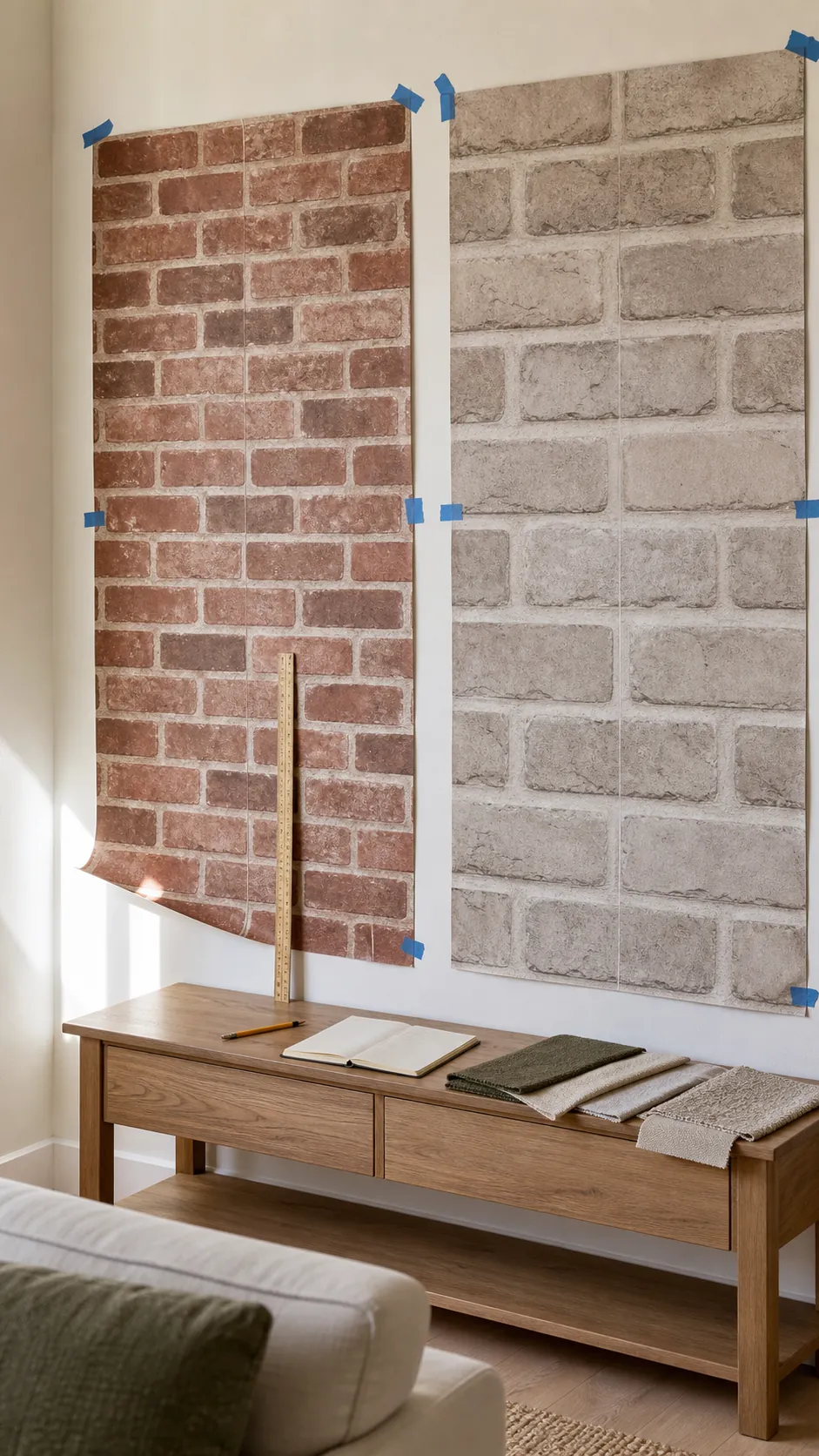Close view of brick wallpaper samples checked for scale and seam alignment