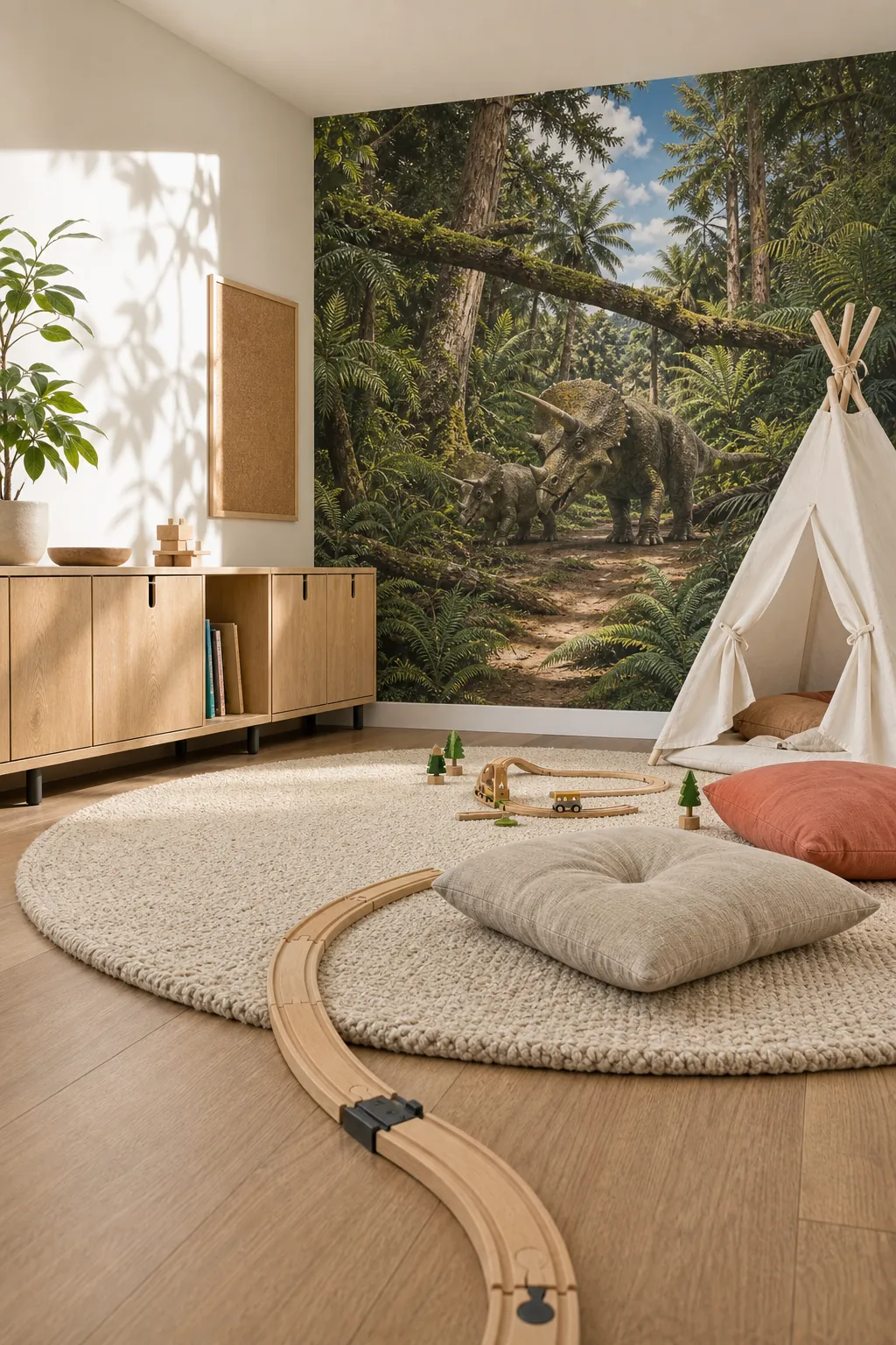 Bright playroom balanced around a detailed dinosaur landscape feature wall