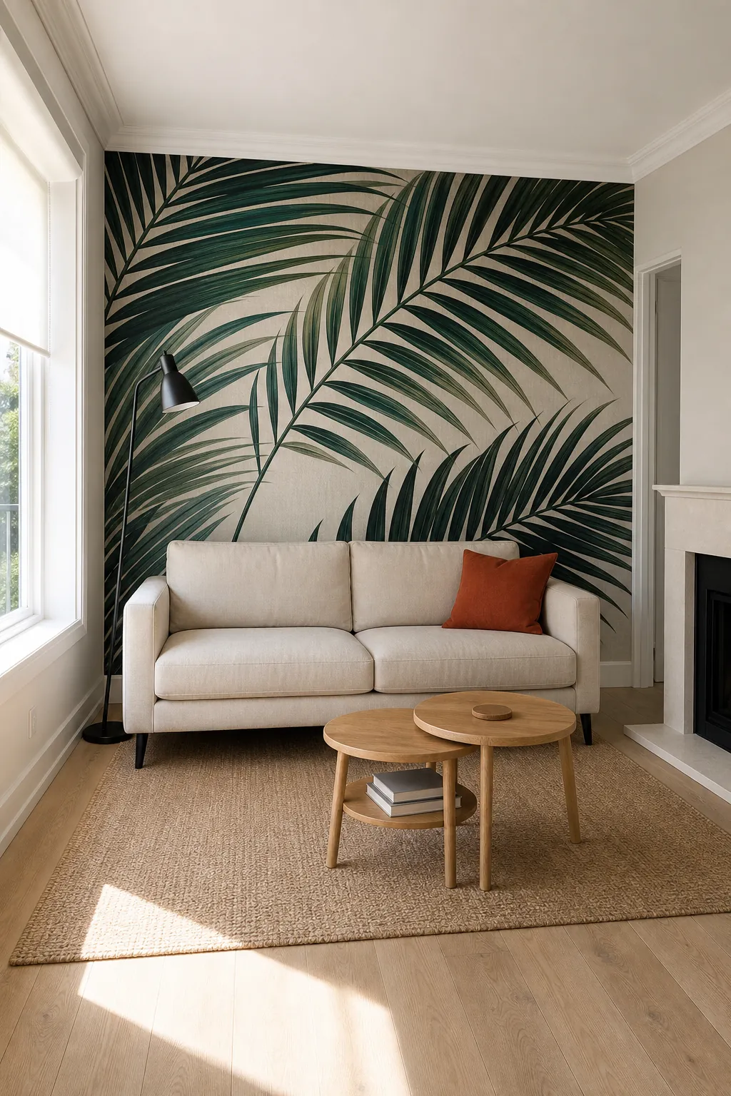 Palm leaf wall mural adding rich green contrast to a bright neutral living room