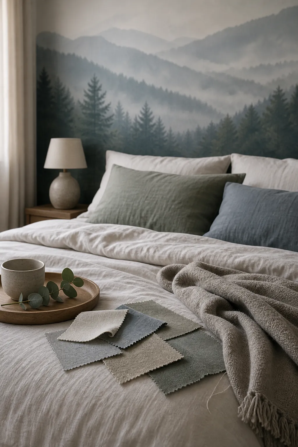 Calm bedroom mural palette repeated in bedding fabric swatches and muted pillows