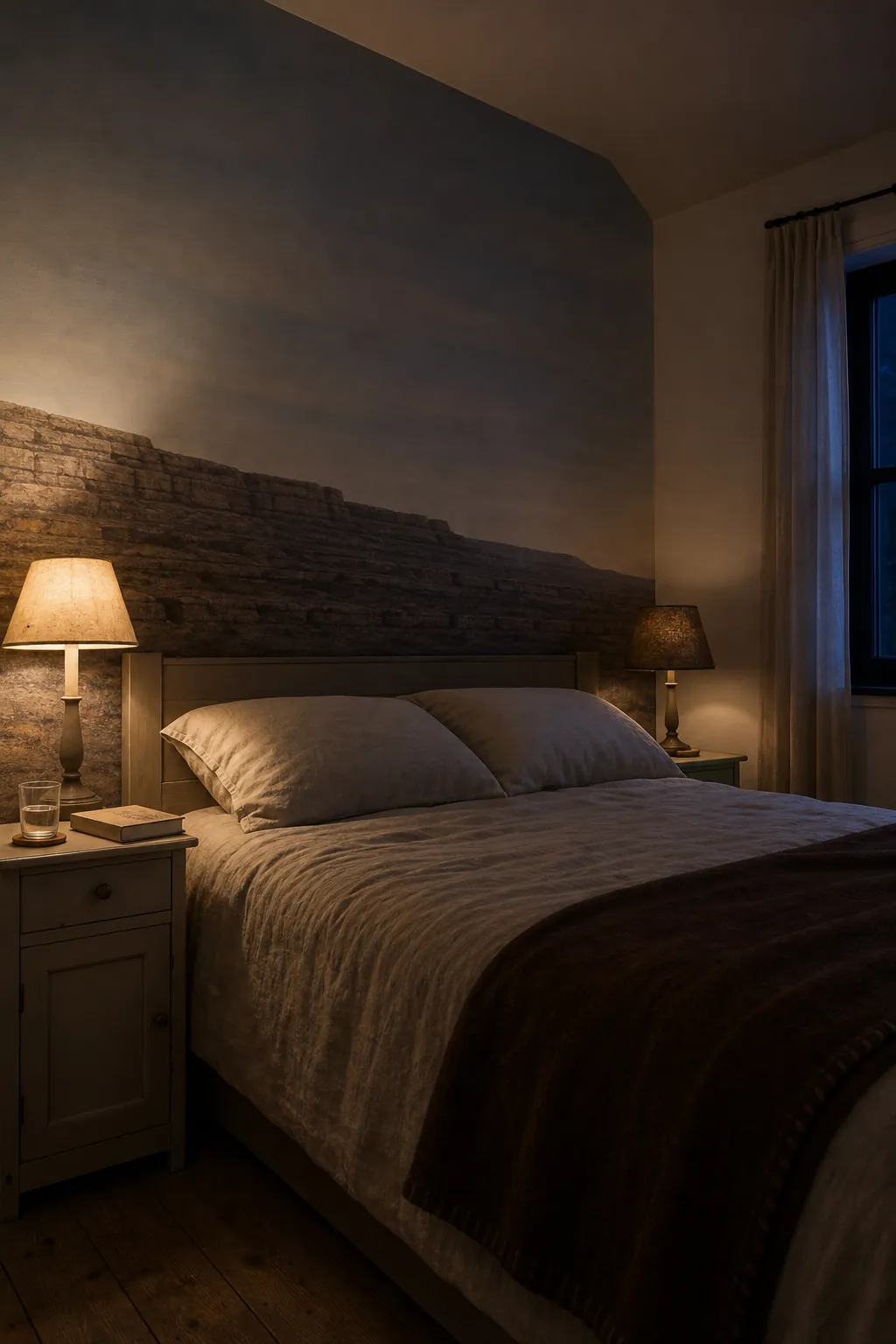 Calm beige wall mural and linen bedding under soft evening lamps