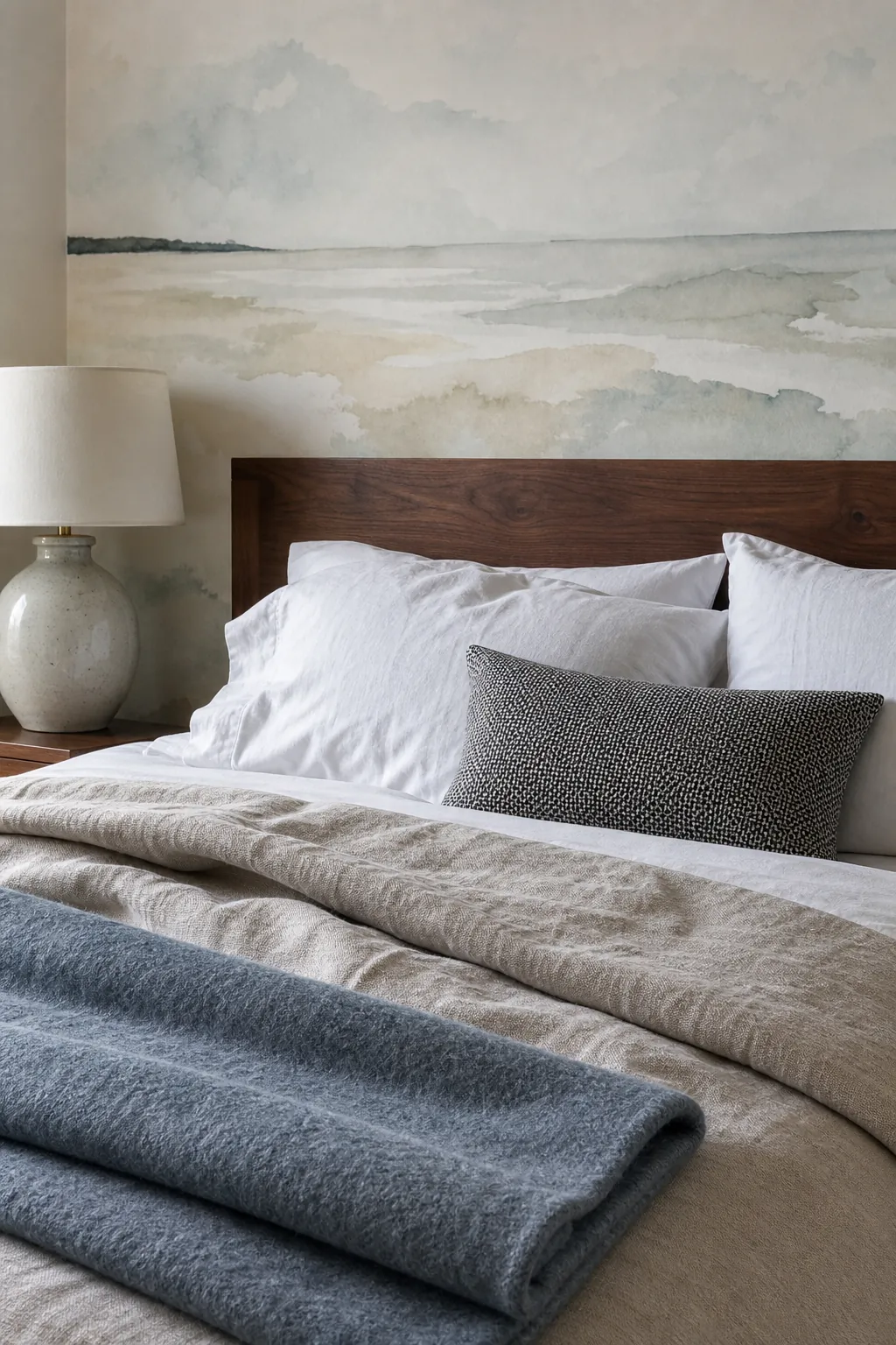 Calm guest room wallpaper paired with simple linen bedding and natural textures
