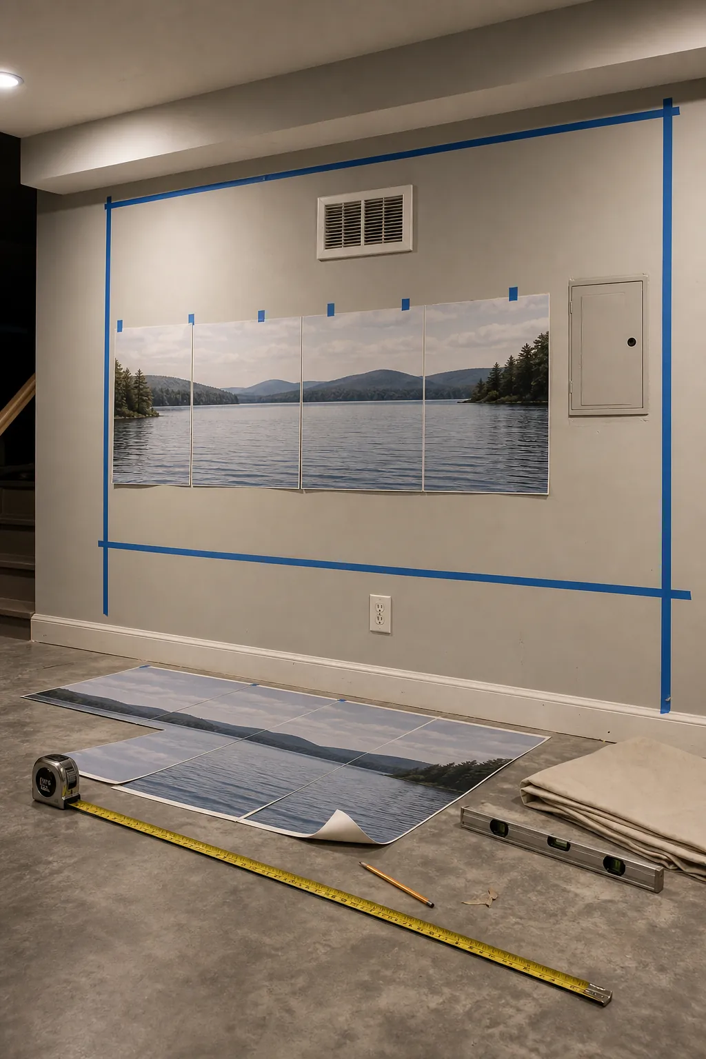 Calming lake wall mural planning around vents outlets and low ceiling in a windowless room