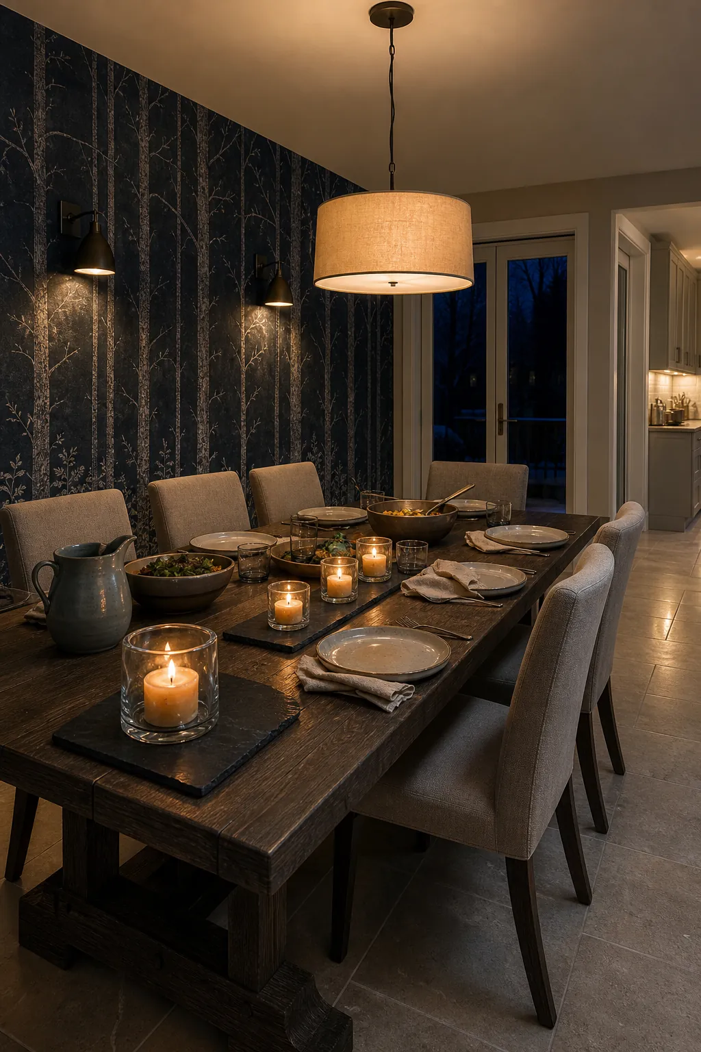 Candlelight dining room wallpaper illuminated by shaded sconces and safe low candles