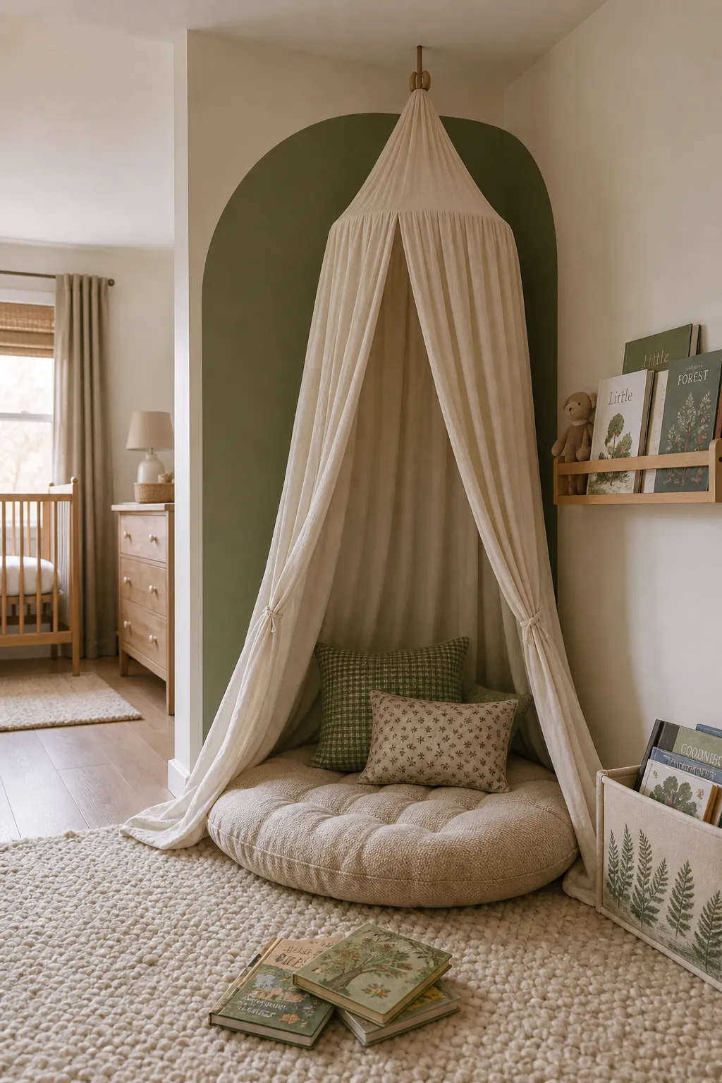 Woodland toddler reading corner with canopy placed away from the crib
