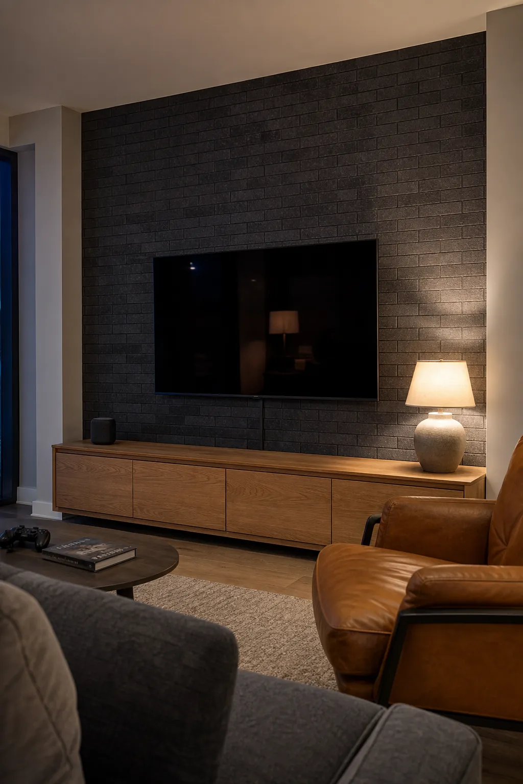 Charcoal brick wallpaper framing a tidy living room media wall