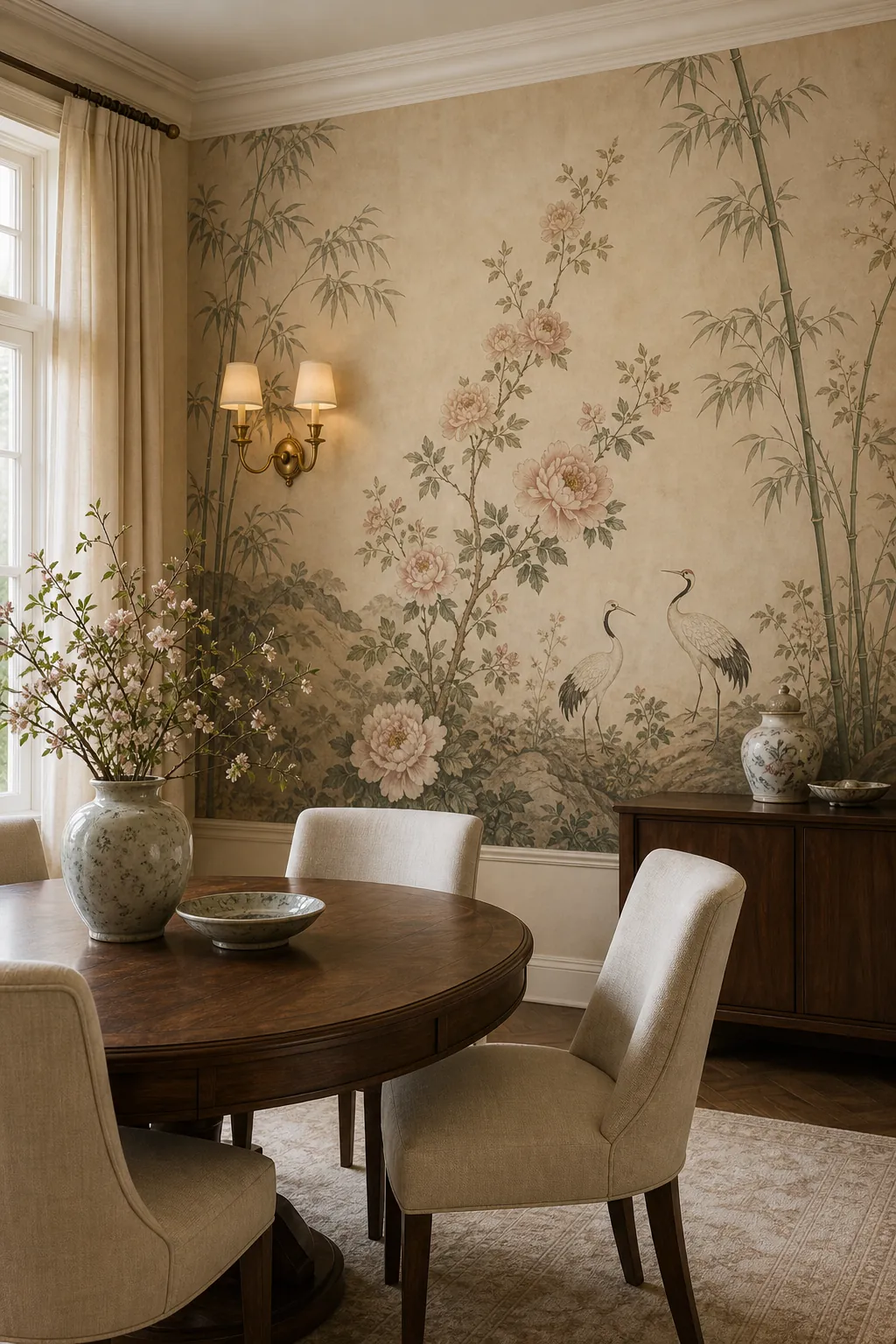 Chinoiserie garden wallpaper mural with peonies and cranes in an elegant dining room